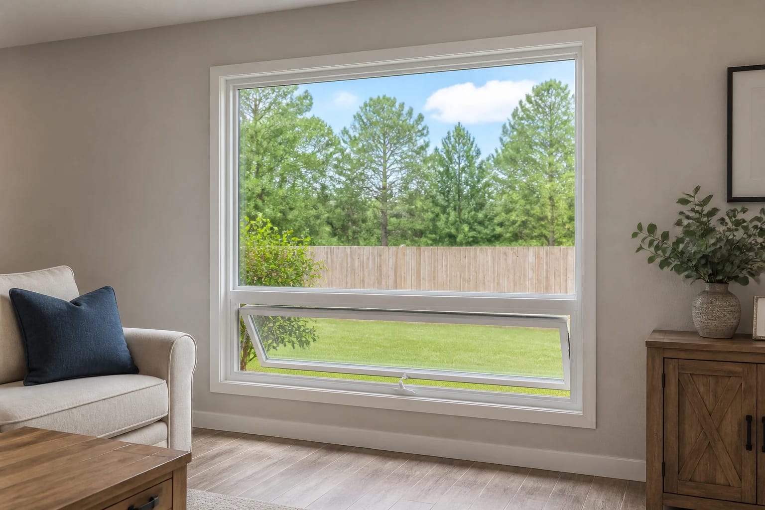 A small awning window installed below a larger fixed window in a practical Central Florida family room