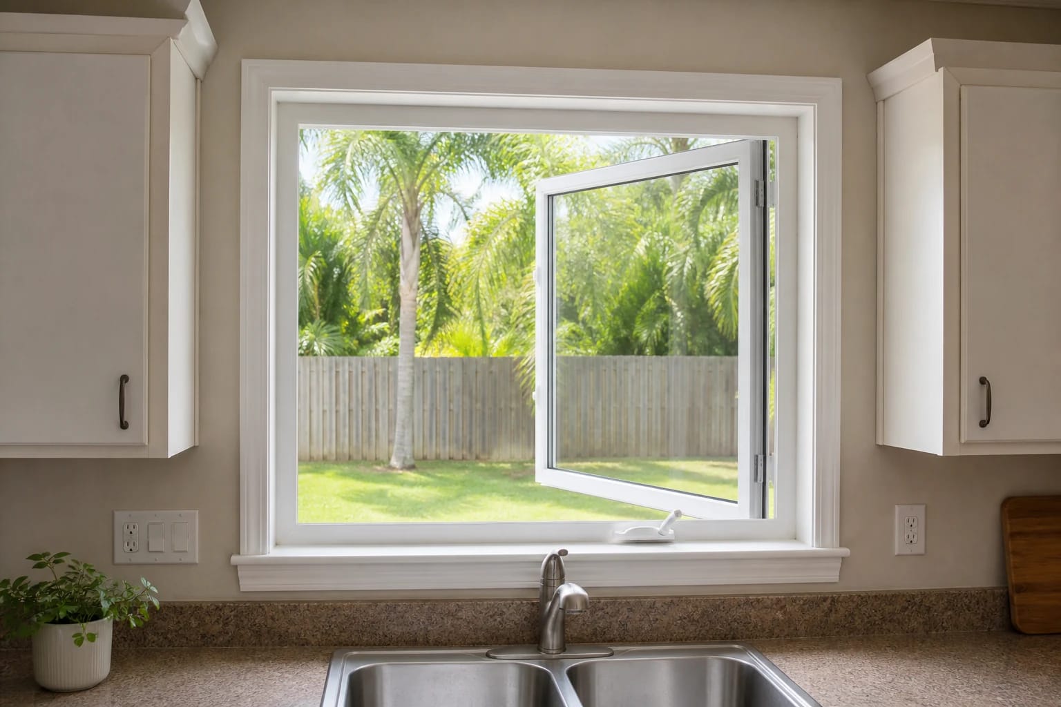 A white side-hinged casement window opened above the sink in a clean, mid-range Central Florida kitchen