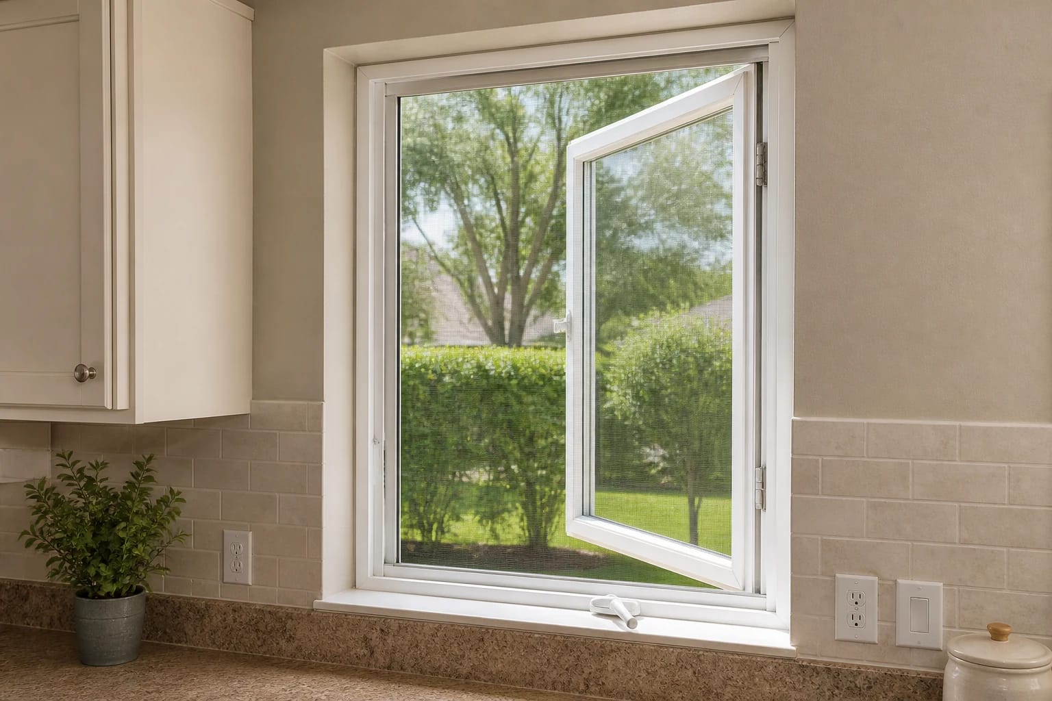 An open white casement window with a visible crank in a practical Central Florida kitchen