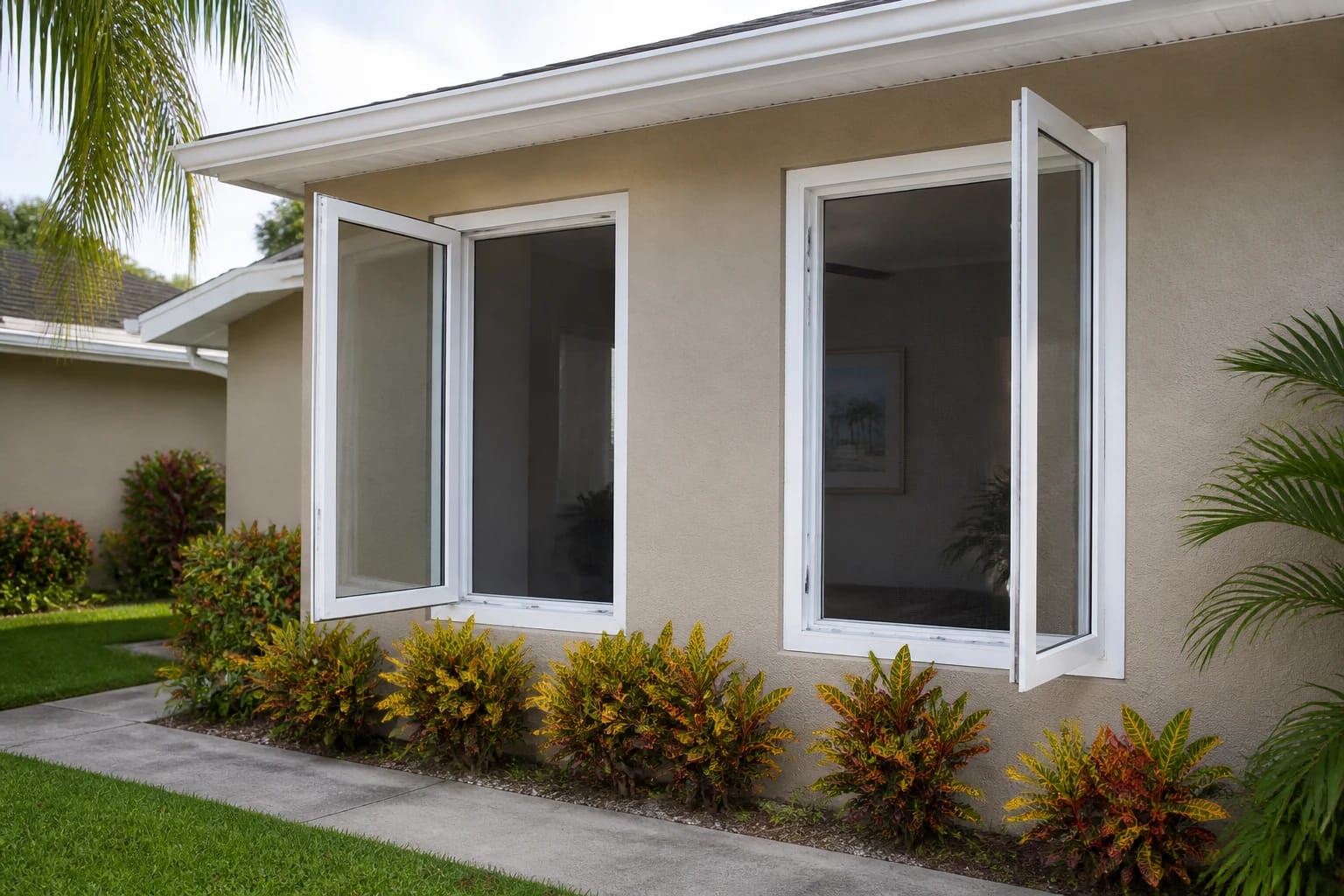 Paired white casement windows opened outward from a beige stucco Central Florida home