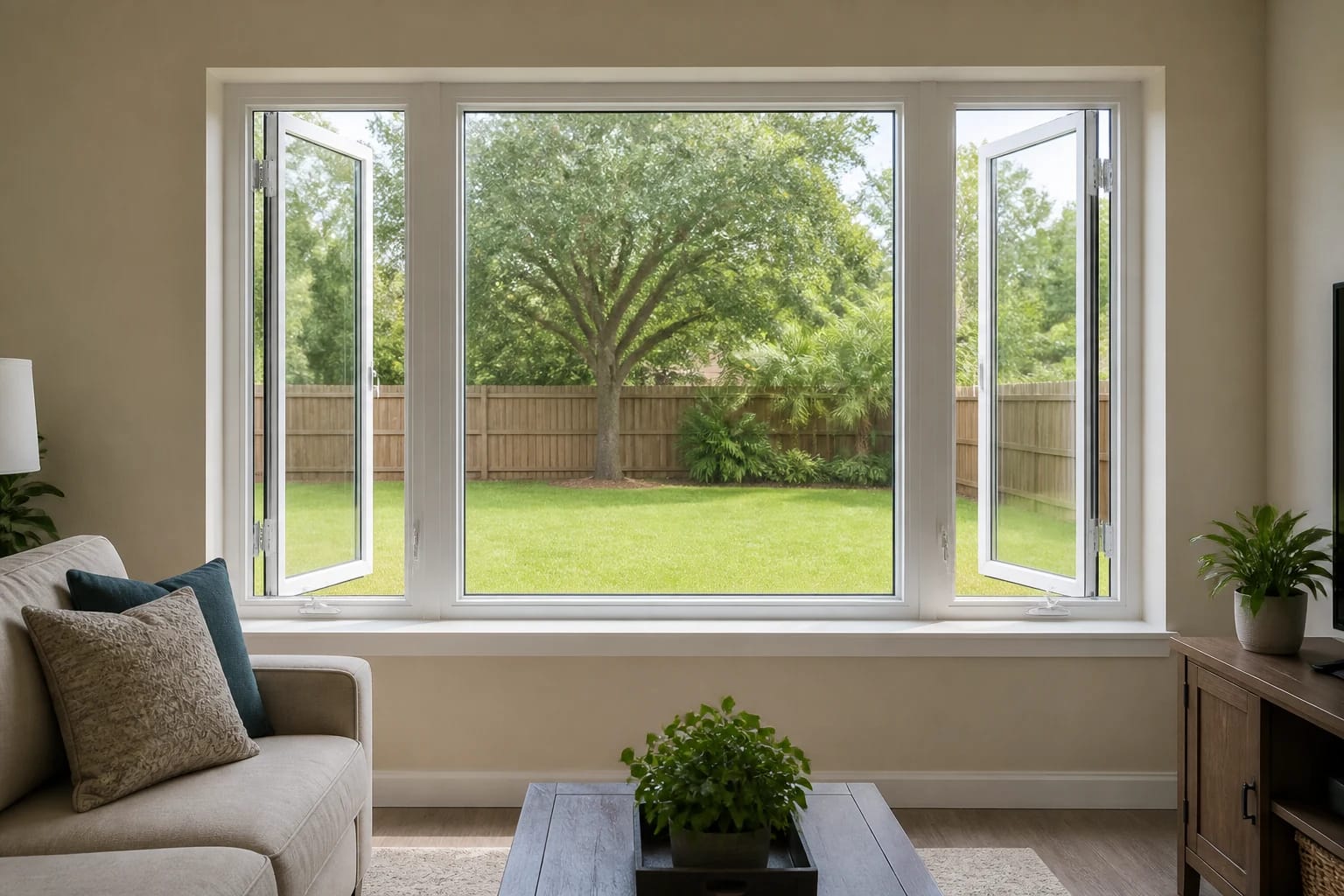 A white casement window beside a fixed window in a comfortable Central Florida living room