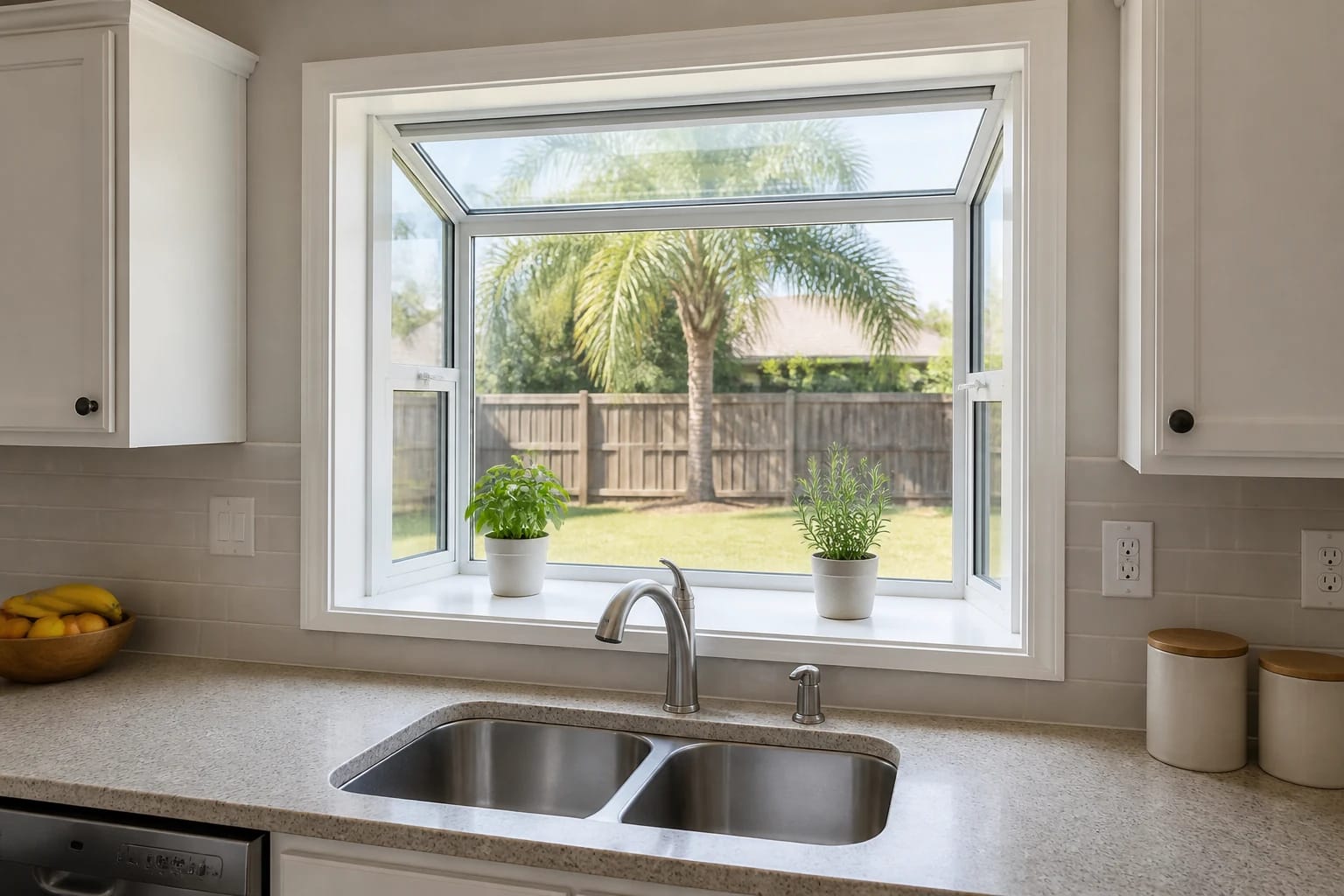 A white garden window projecting above the sink in a clean, mid-range Central Florida kitchen