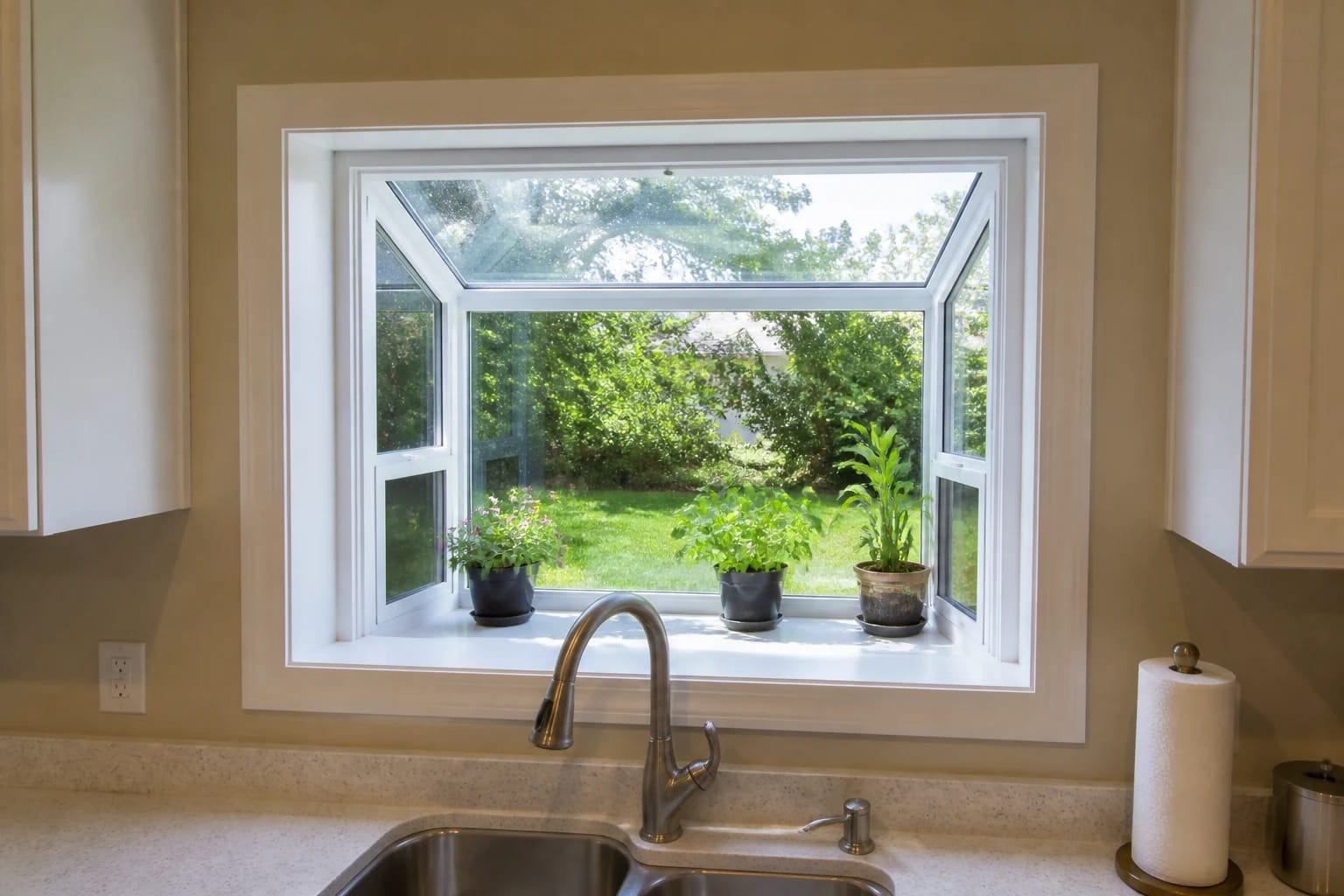 A correctly installed white garden window above a practical kitchen sink, with its glass box and plant shelf projecting outside the exterior wall