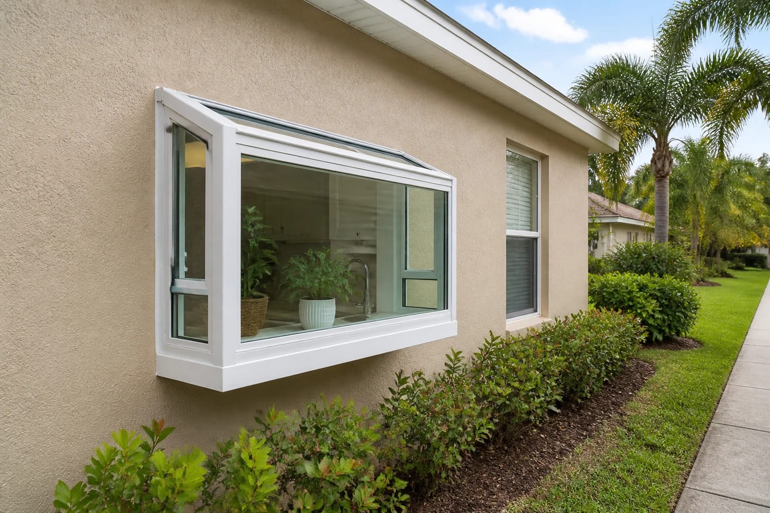 The exterior projection of a compact white garden window on a beige stucco Central Florida home