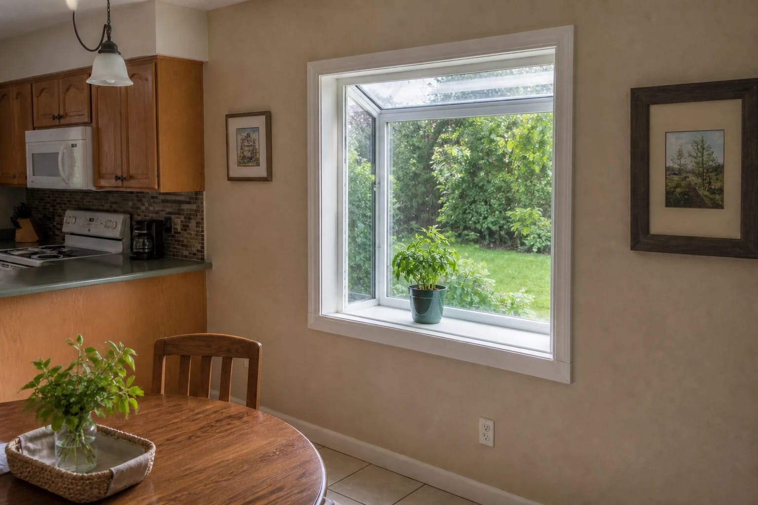 A correctly installed garden window in a modest Central Florida breakfast area, with its full glass enclosure projecting outside the wall and a potted plant resting unobstructed on the bottom sill