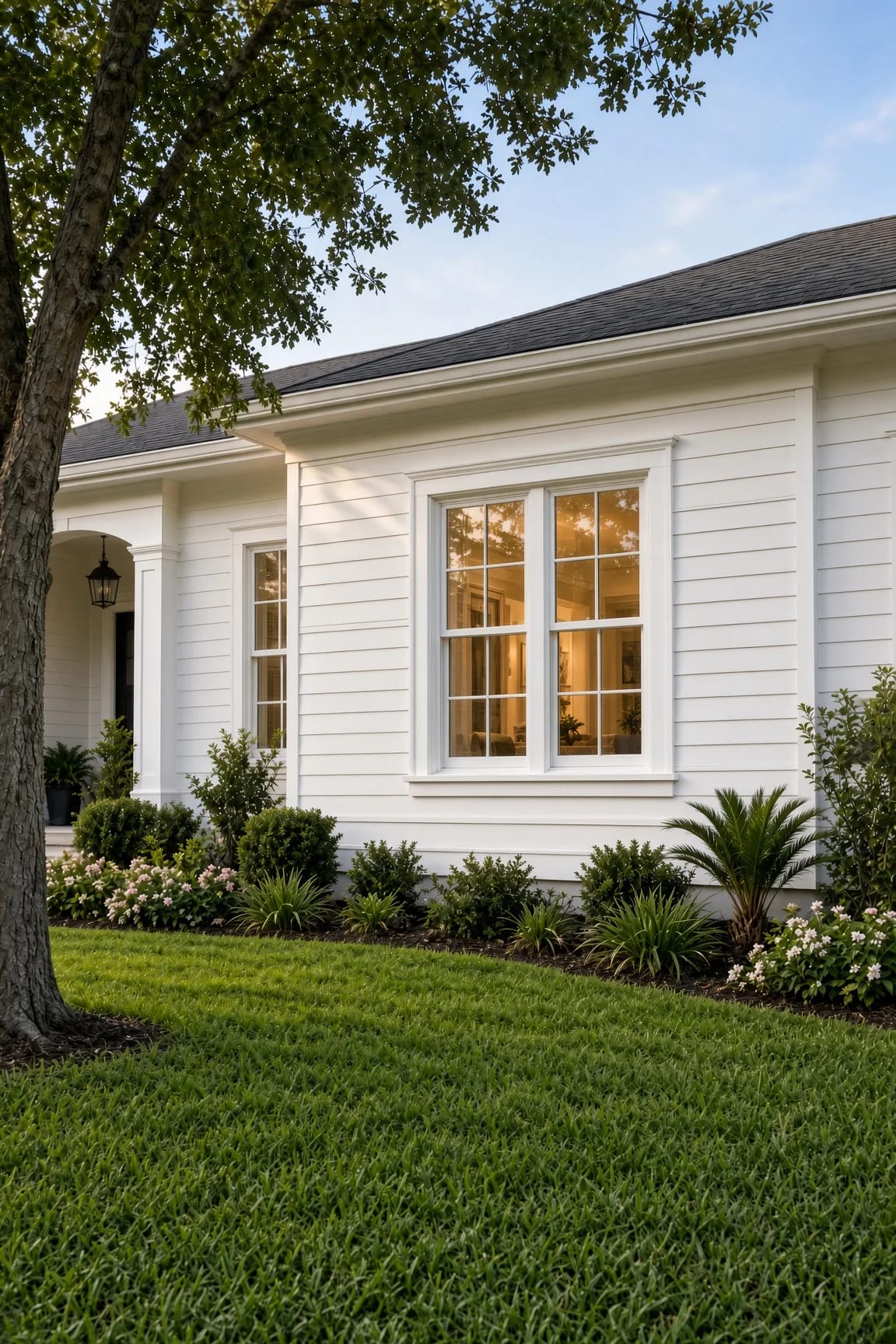 A white-framed replacement window with colonial grids in a white lap-siding home at golden hour, warm light showing through from the room inside, with a live oak and a planting bed in front