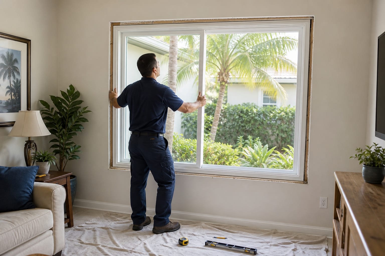 An installer carefully setting a large white replacement window in a Florida living room with the floor protected by a canvas drop cloth