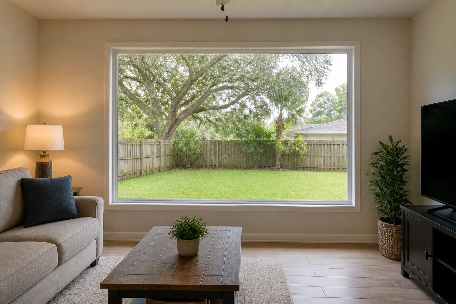 A large white fixed picture window bringing daylight into a modest, well-kept Central Florida living room