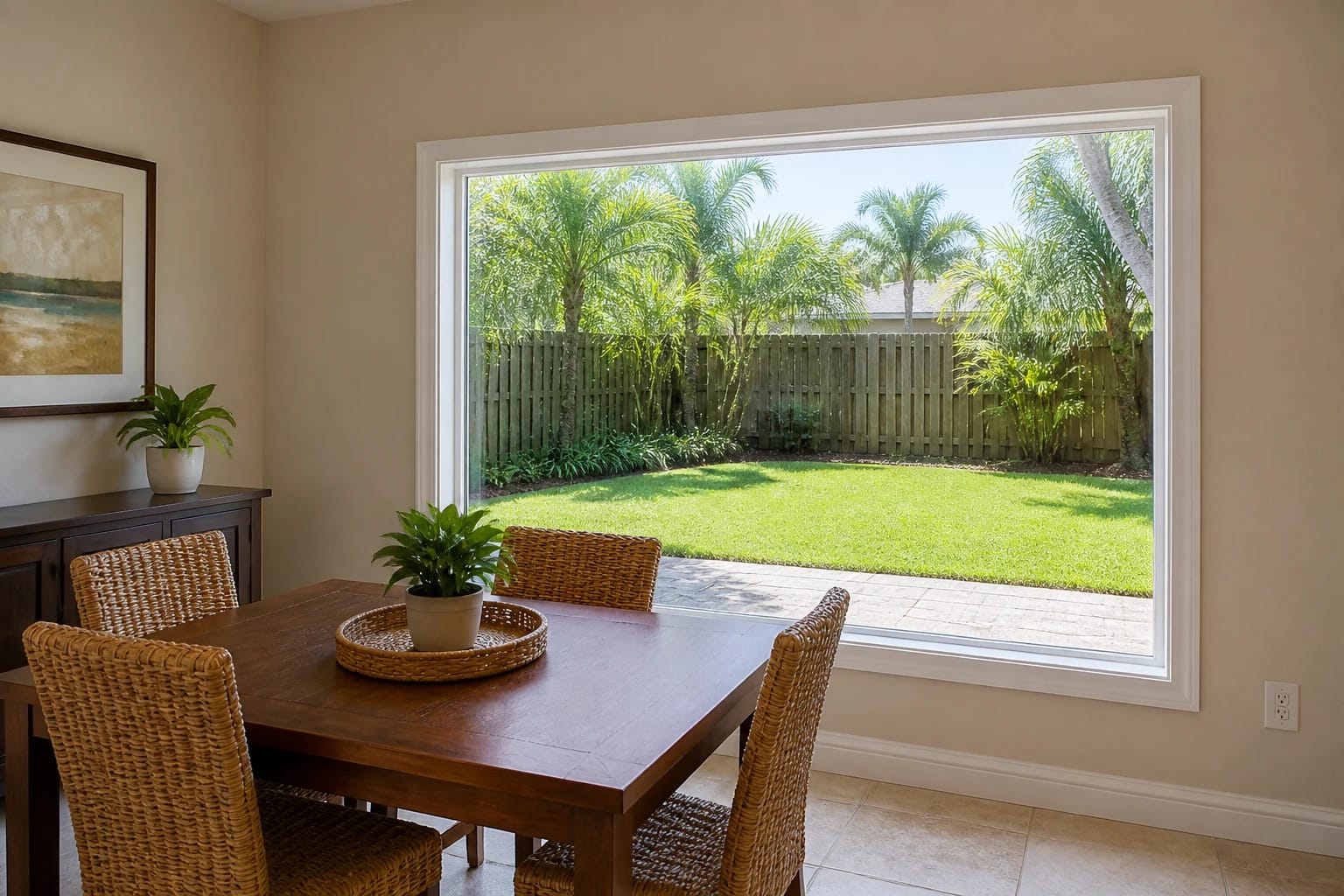A clear fixed picture window overlooking a simple Central Florida backyard from a mid-range dining room
