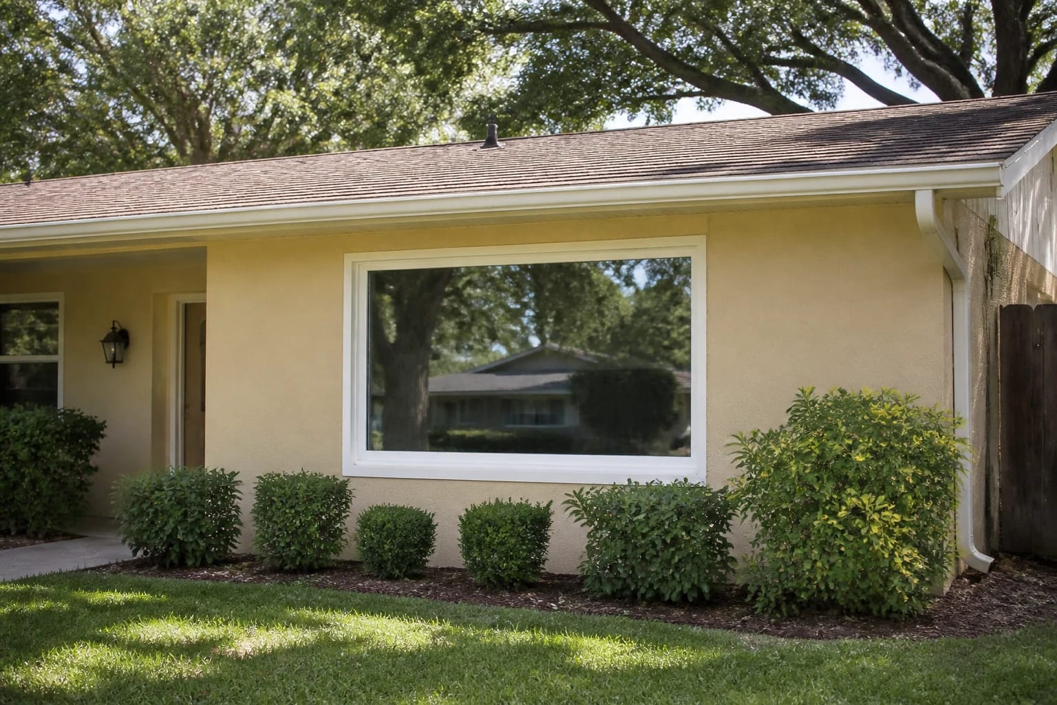 A broad white picture window centered on the front of a single-story stucco Central Florida home