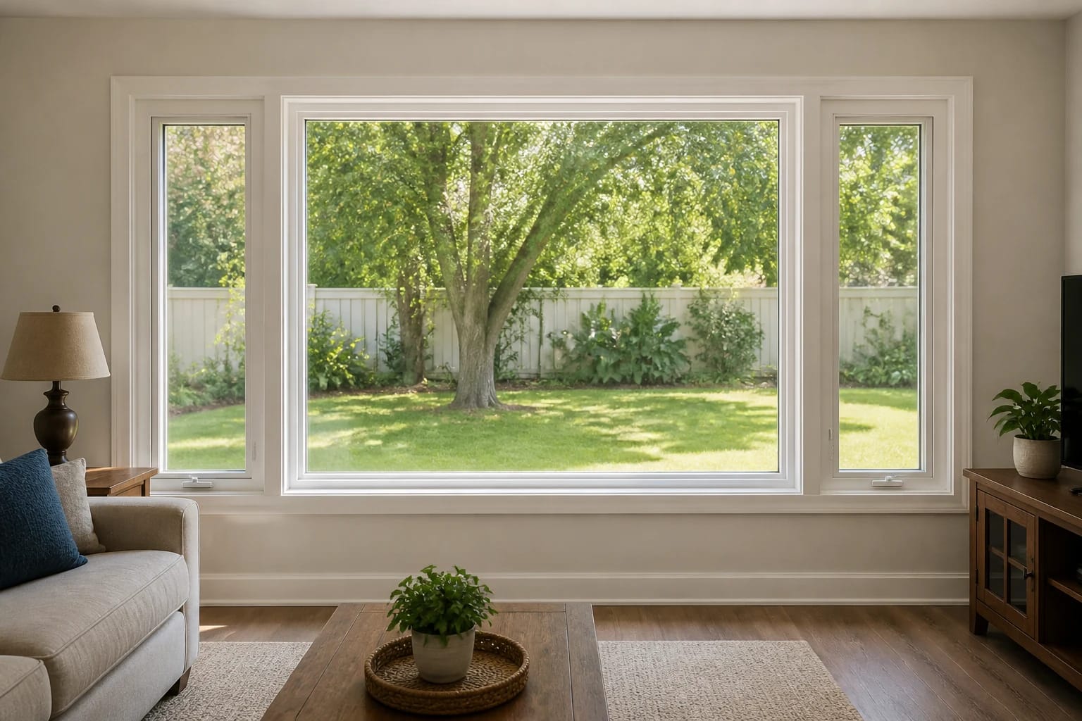 A fixed picture window flanked by two operable windows in an attainable Central Florida family room