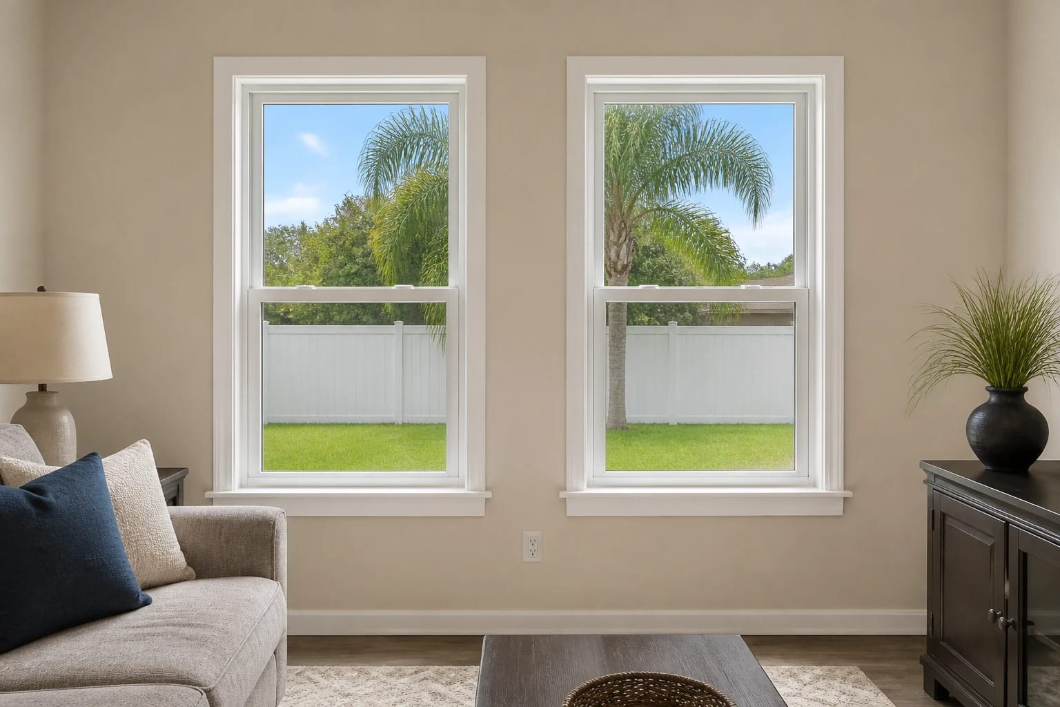 White single-hung windows in a tidy, mid-range Central Florida living room, each with a fixed upper sash and movable lower sash