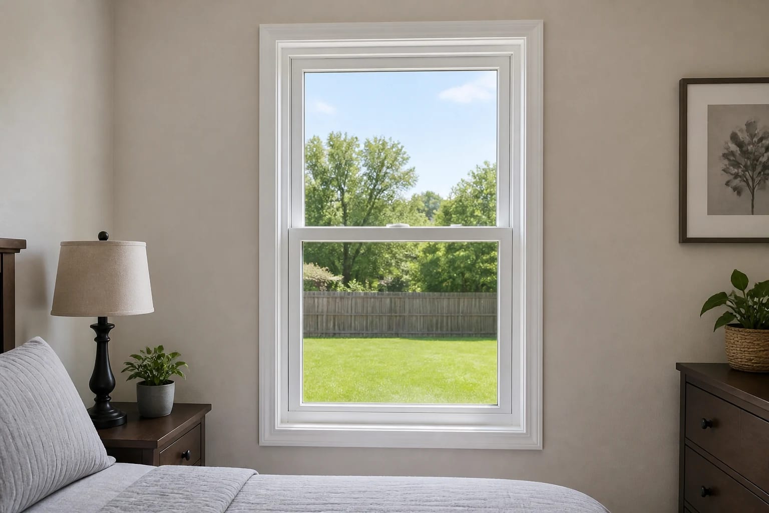 A symmetrical white single-hung window in a modest Central Florida bedroom, with equal-height upper and lower panes and a centered meeting rail