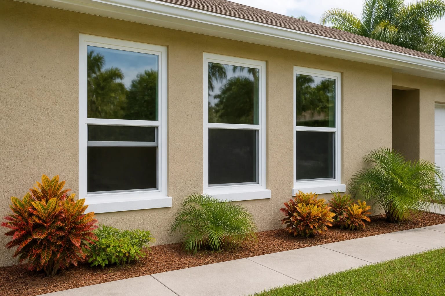 White single-hung windows on a clean tan stucco Central Florida ranch home with simple landscaping