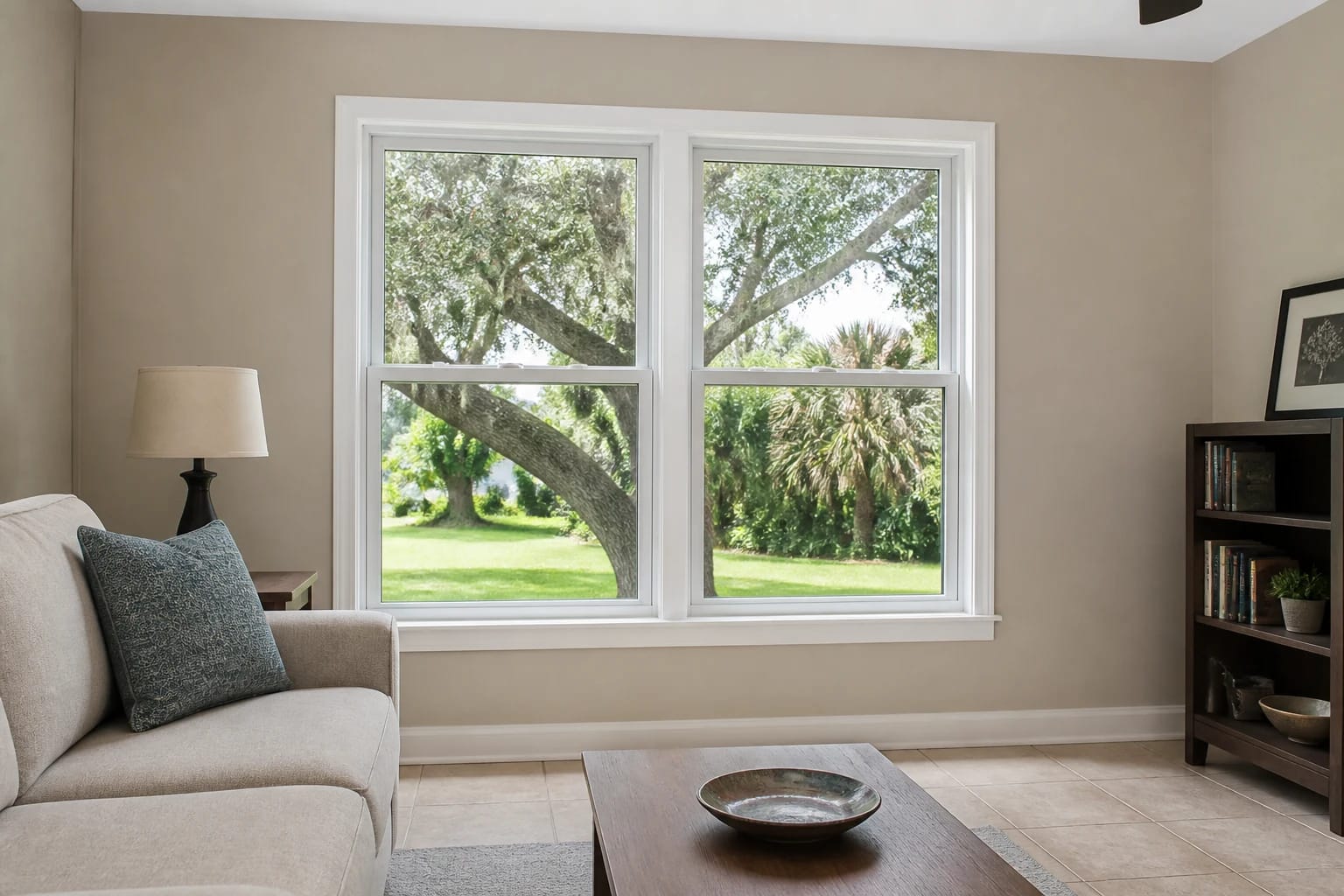 A pair of white single-hung windows in an attainable Central Florida family room