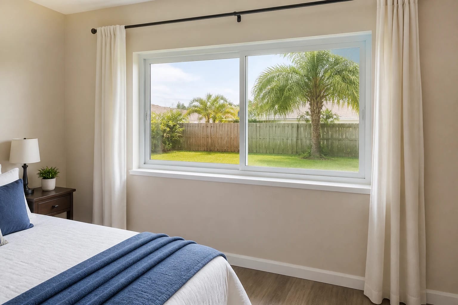A wide white horizontal slider window in a comfortable bedroom in a mid-range Central Florida home