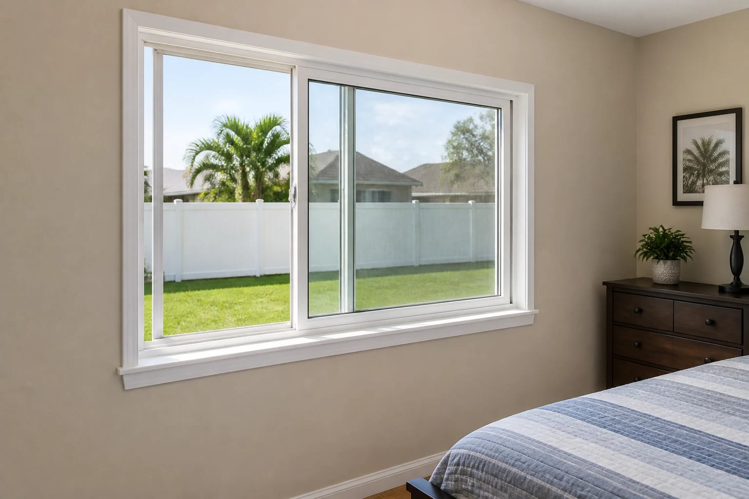 A two-section white horizontal slider window seen from a tidy Central Florida bedroom