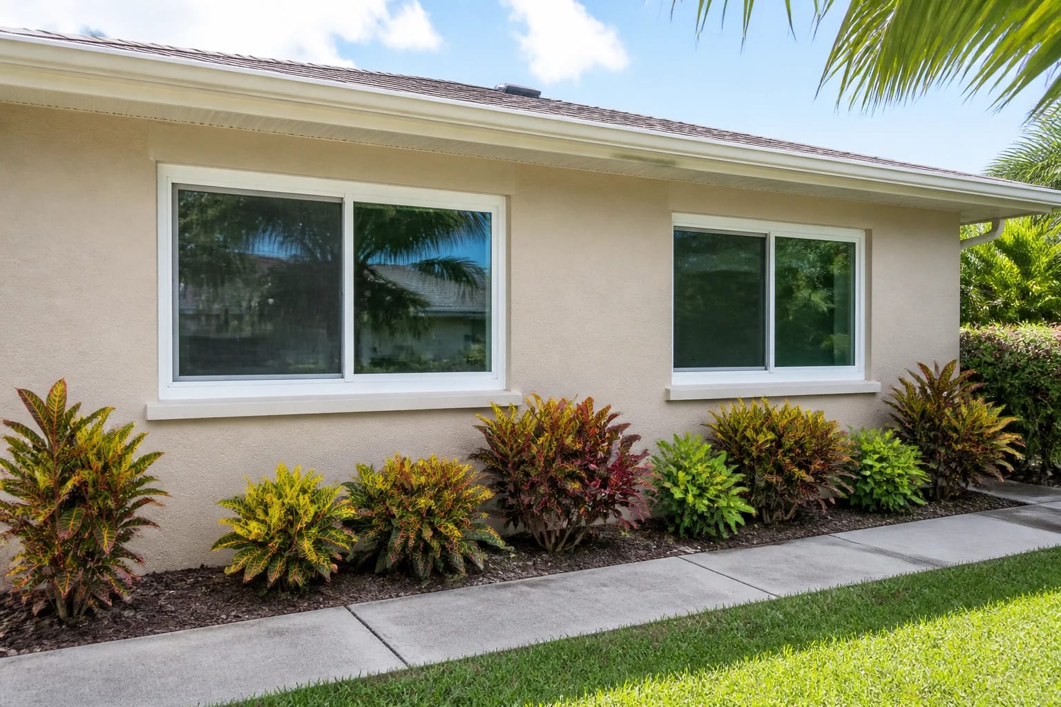 A wide white horizontal slider window on a beige stucco single-story Central Florida home