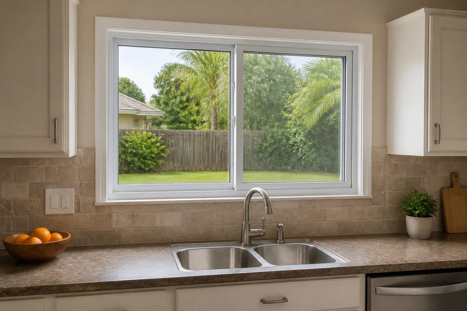 A white horizontal slider window above a practical kitchen counter in a modest Central Florida home