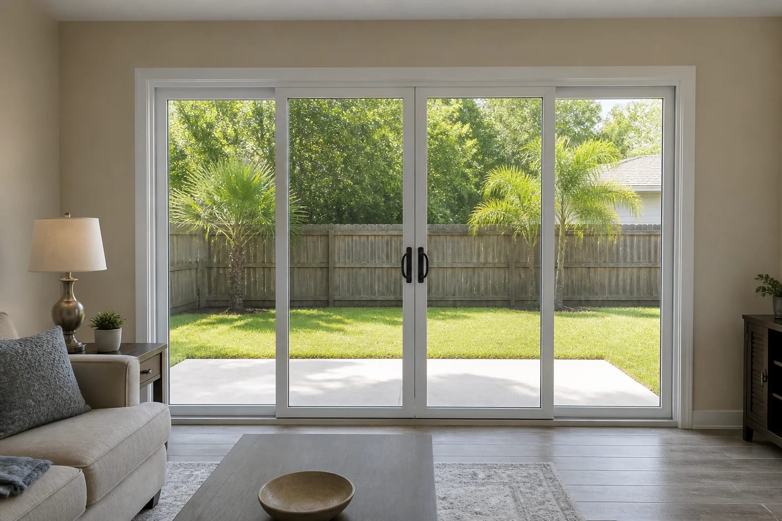 A white four-panel sliding glass door seen from a living room, opening onto a lawn with palms and a board fence beyond