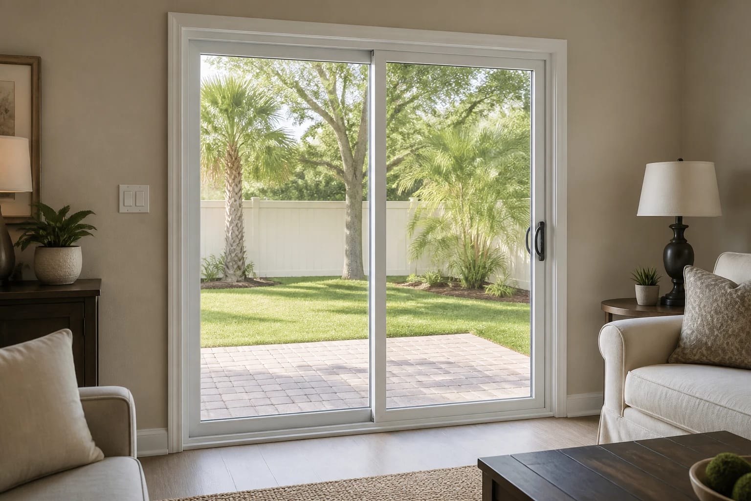 A white two-panel sliding glass door seen from a living room, opening onto a paver patio with a palm and lawn beyond