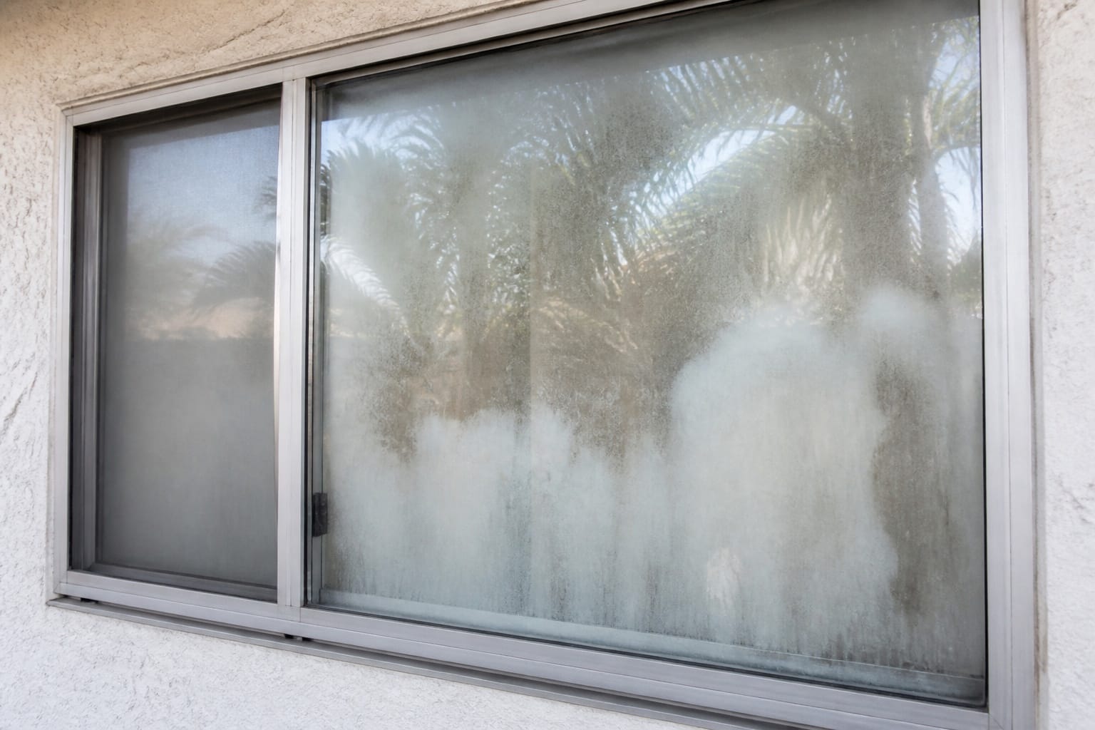 An older aluminum window with cloudy haze and moisture trapped between the panes, obscuring the palm trees outside