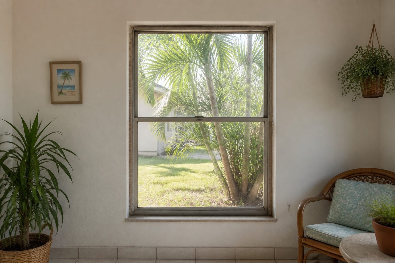 An older thin aluminum single-hung window with a faded finish and worn seals in a modest Central Florida room