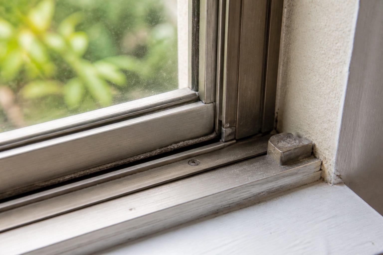 Close view of a worn thin aluminum window track with flattened weatherstripping, oxidation and a small gap at the sash corner