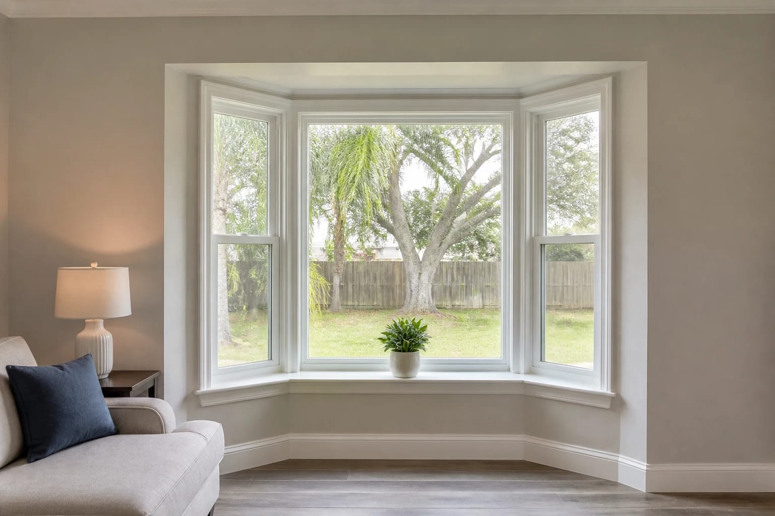 A modest three-part bay window with a finished ledge in the living room of a mid-range Central Florida home