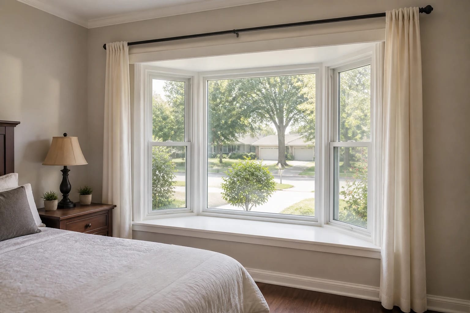 A practical white bay window in a Central Florida bedroom with a simple interior ledge