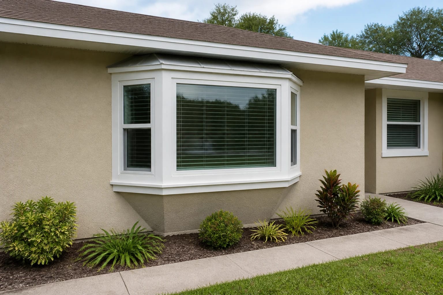 A restrained three-part bay window projecting from a beige stucco single-story Central Florida home