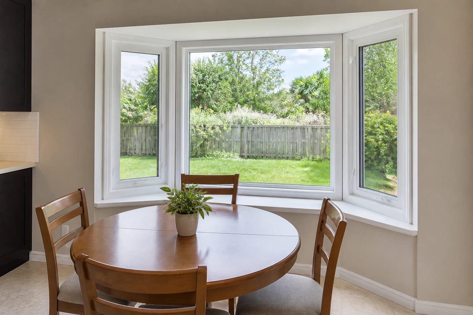 A white bay window with operable side units beside a modest Central Florida breakfast table