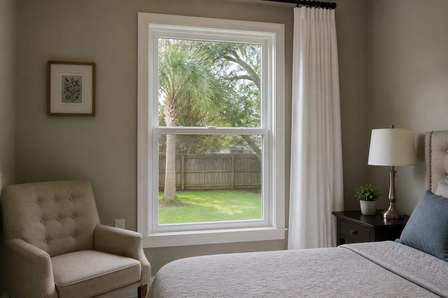 White double-hung windows seen from a comfortable bedroom in a modest Central Florida home, with both movable sashes and meeting rails visible