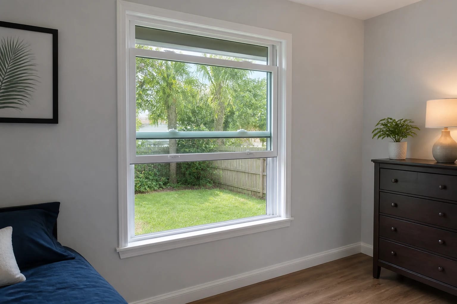 A white double-hung window in a practical Central Florida bedroom, with the upper sash lowered and lower sash raised slightly