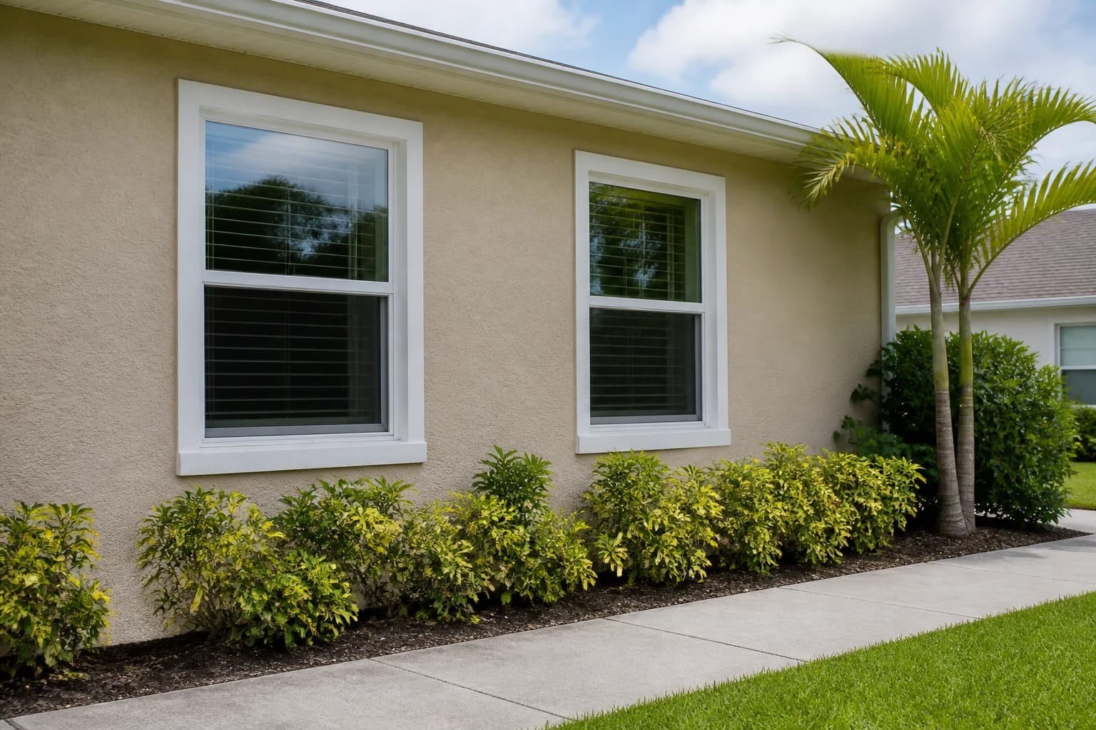 Two white double-hung windows installed in the beige stucco wall of a well-kept single-story Central Florida home