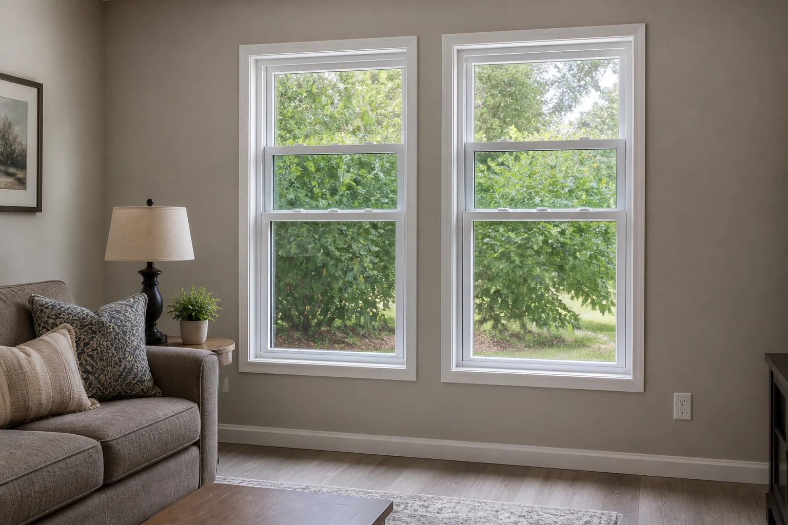 A double-hung window beside everyday furniture in a clean Central Florida family room