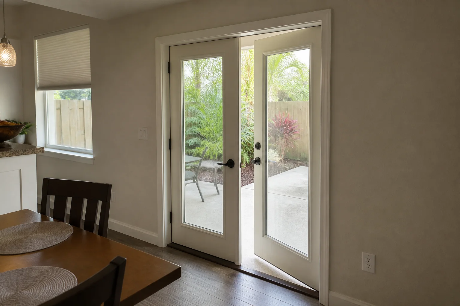 A white full-lite French door pair seen from a dining area with one leaf standing open onto a screened patio, palms and a red croton beyond