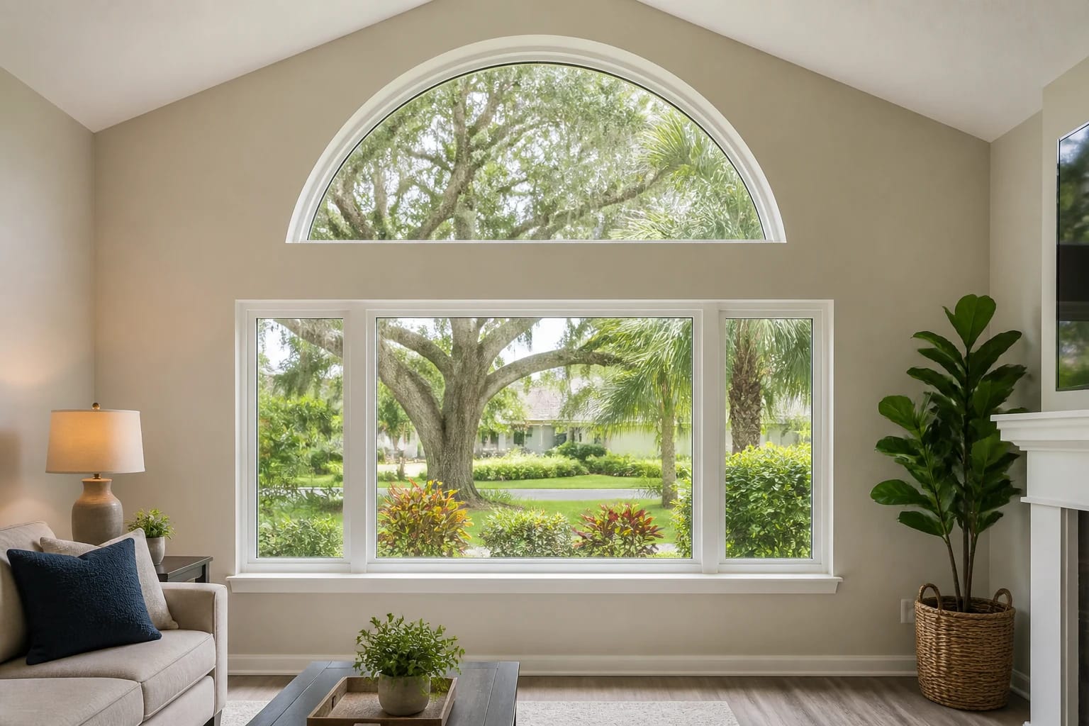 A white half-round fixed window above a rectangular window group in a modest Central Florida living room