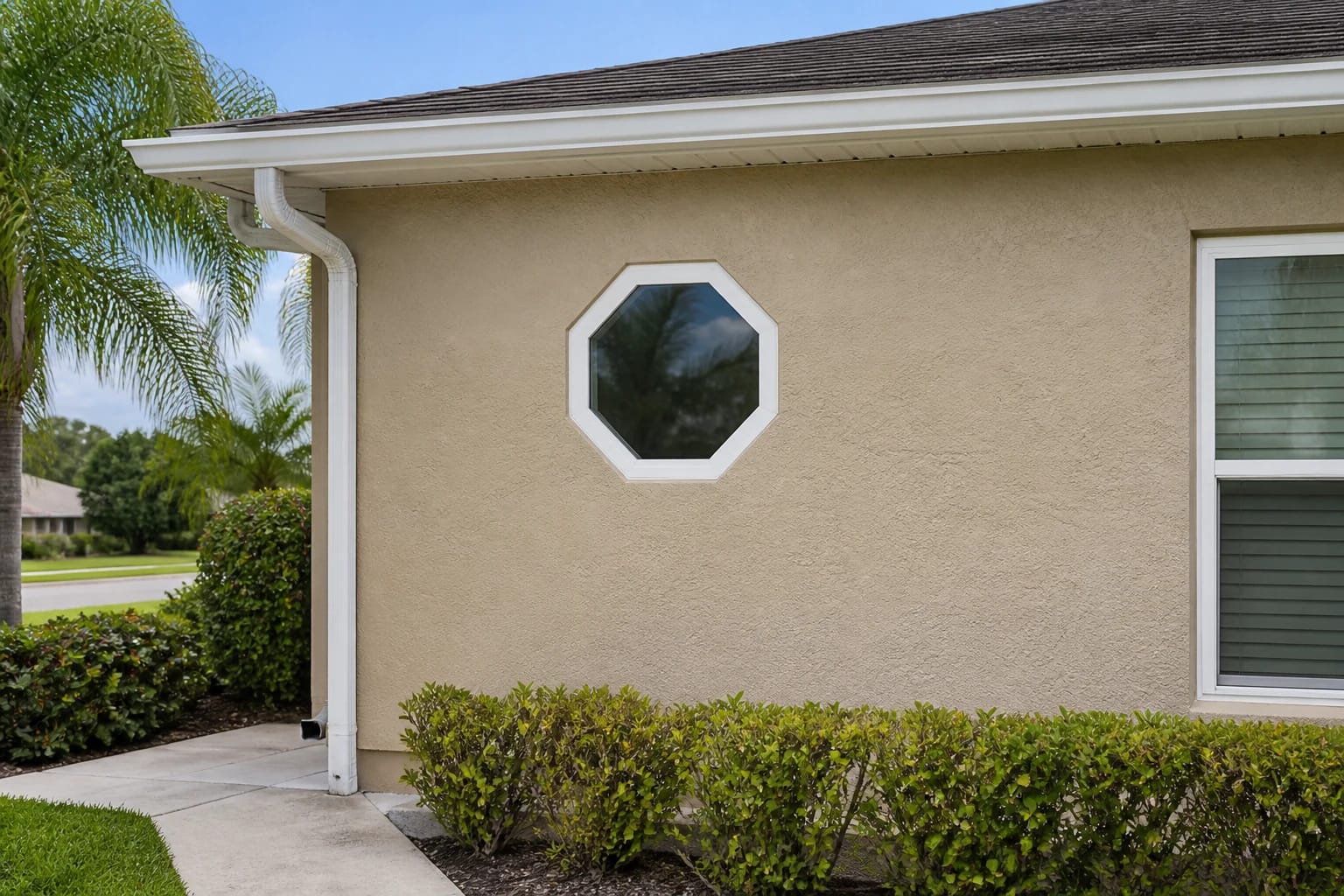 A small white octagonal fixed window in the stucco wall of a well-kept Central Florida home