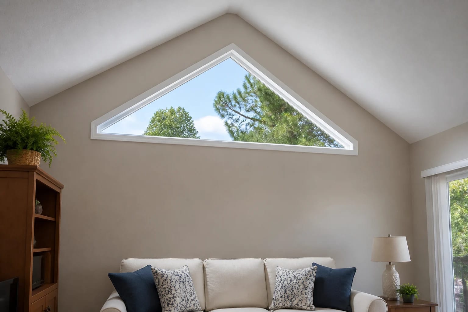 A white triangular fixed window following a modest gable wall inside a Central Florida family home