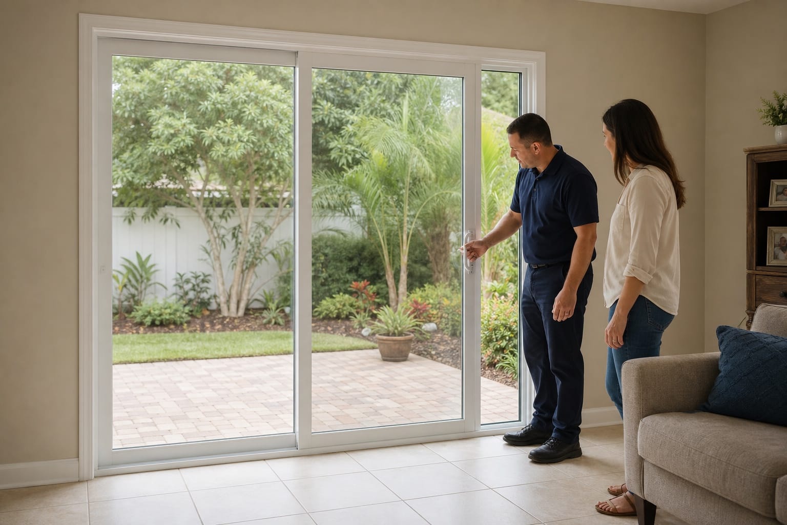 An installer showing a homeowner how the lock operates on a newly installed white sliding glass door