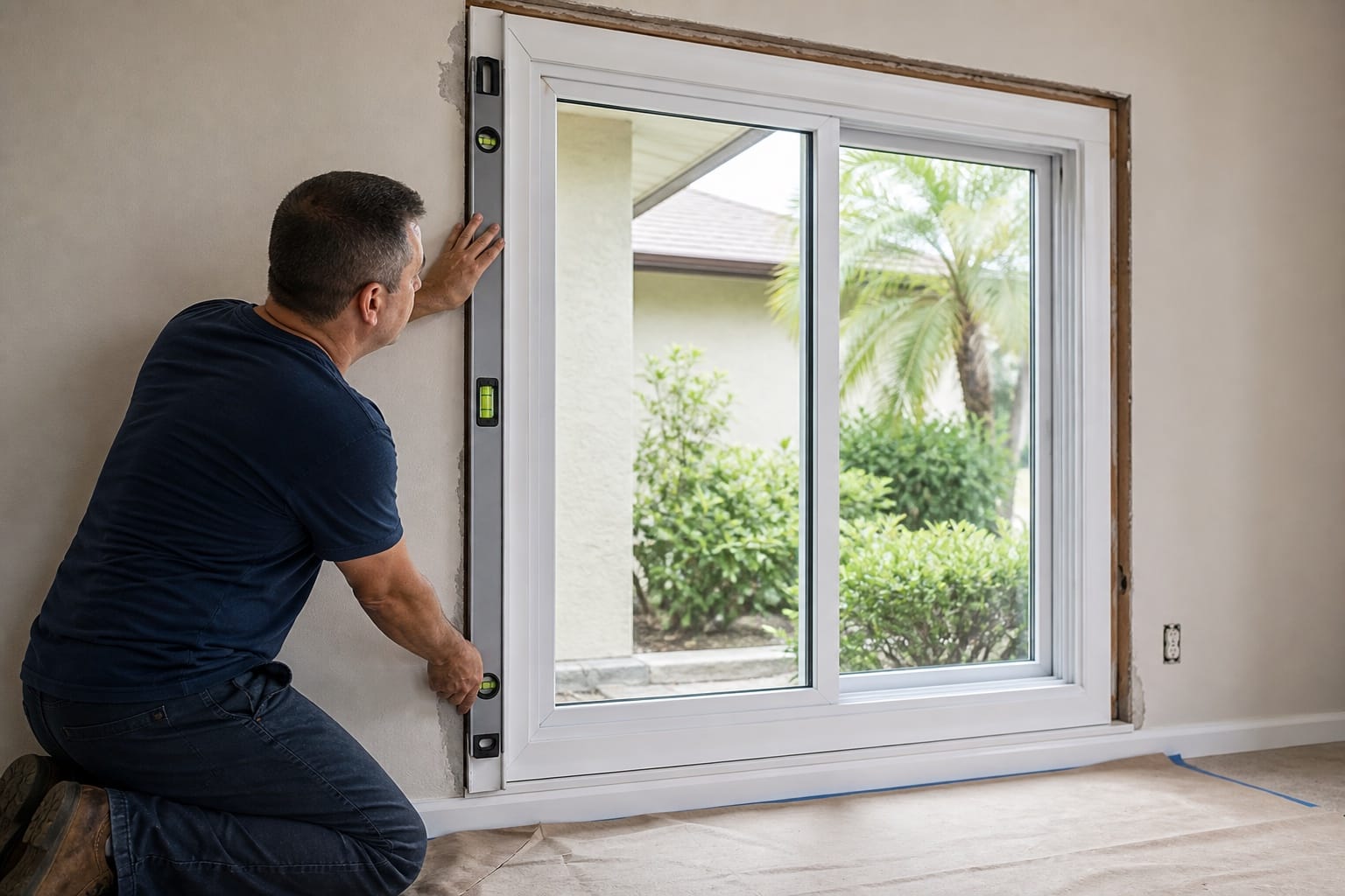 An installer checking a newly placed white window frame with a long level before the opening is finished