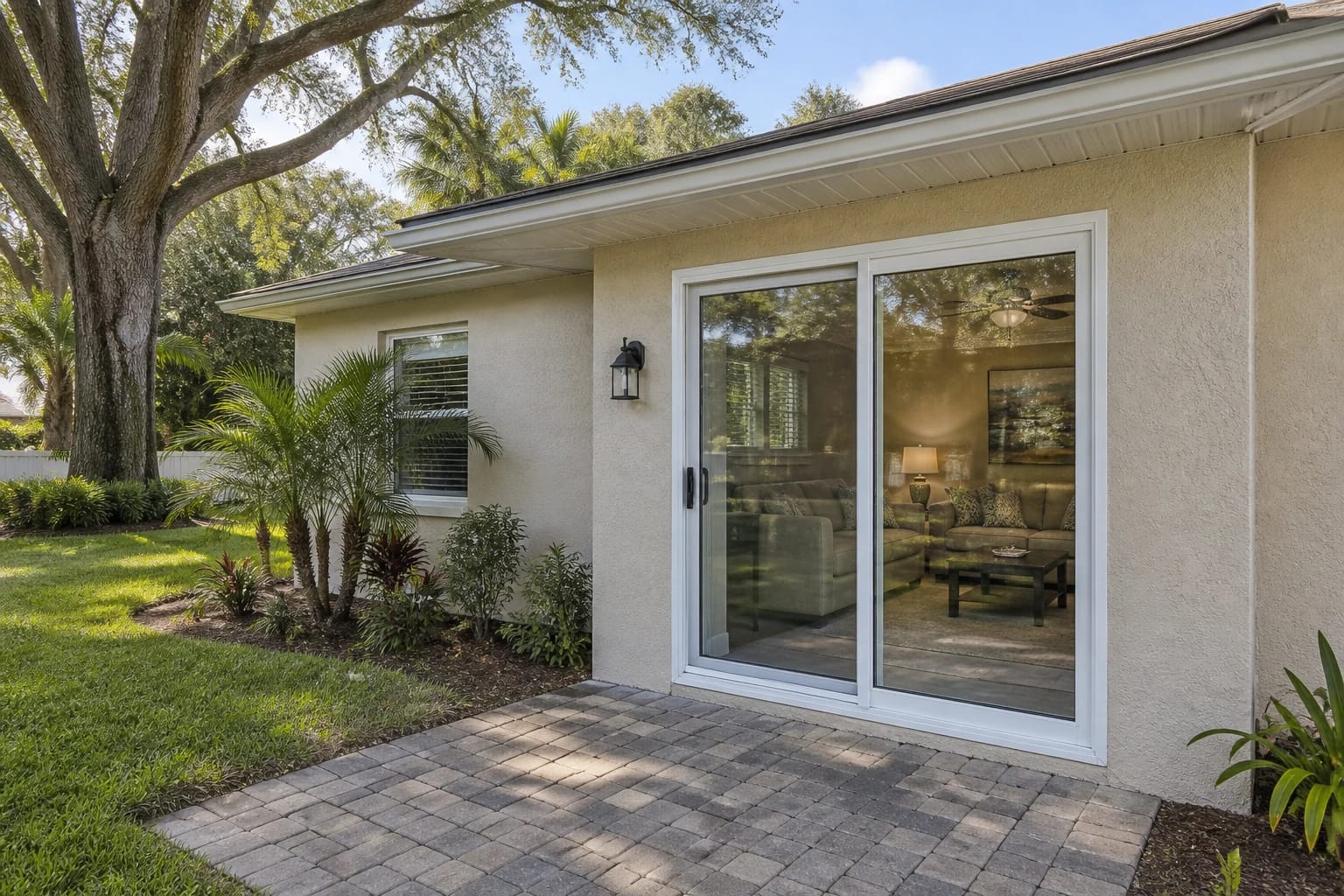 A white two-panel sliding glass door in the rear elevation of a tan stucco Florida home, opening onto a paver patio shaded by a live oak