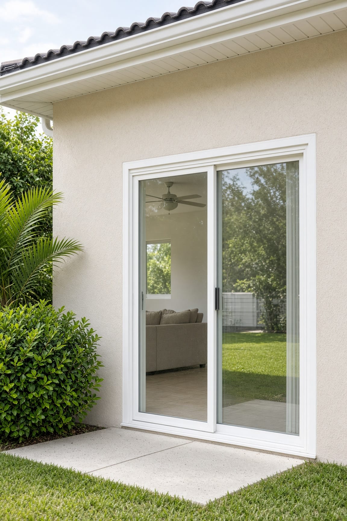 A white two-panel sliding glass door in the rear wall of a tan stucco home with a barrel-tile roof, opening onto a concrete patio with palms alongside
