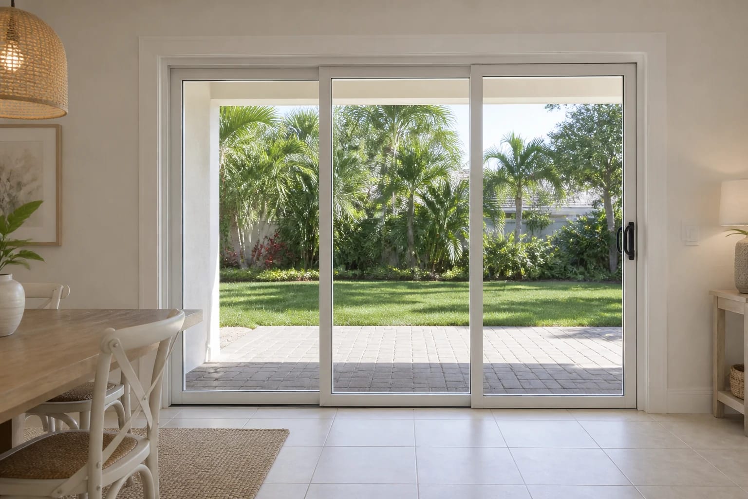 A white three-panel sliding glass door seen from a dining area, opening onto a paver patio with palms and lawn beyond